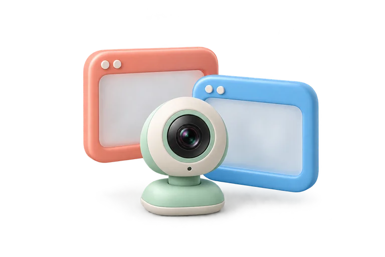 A camera and video frame representing face-to-face chat